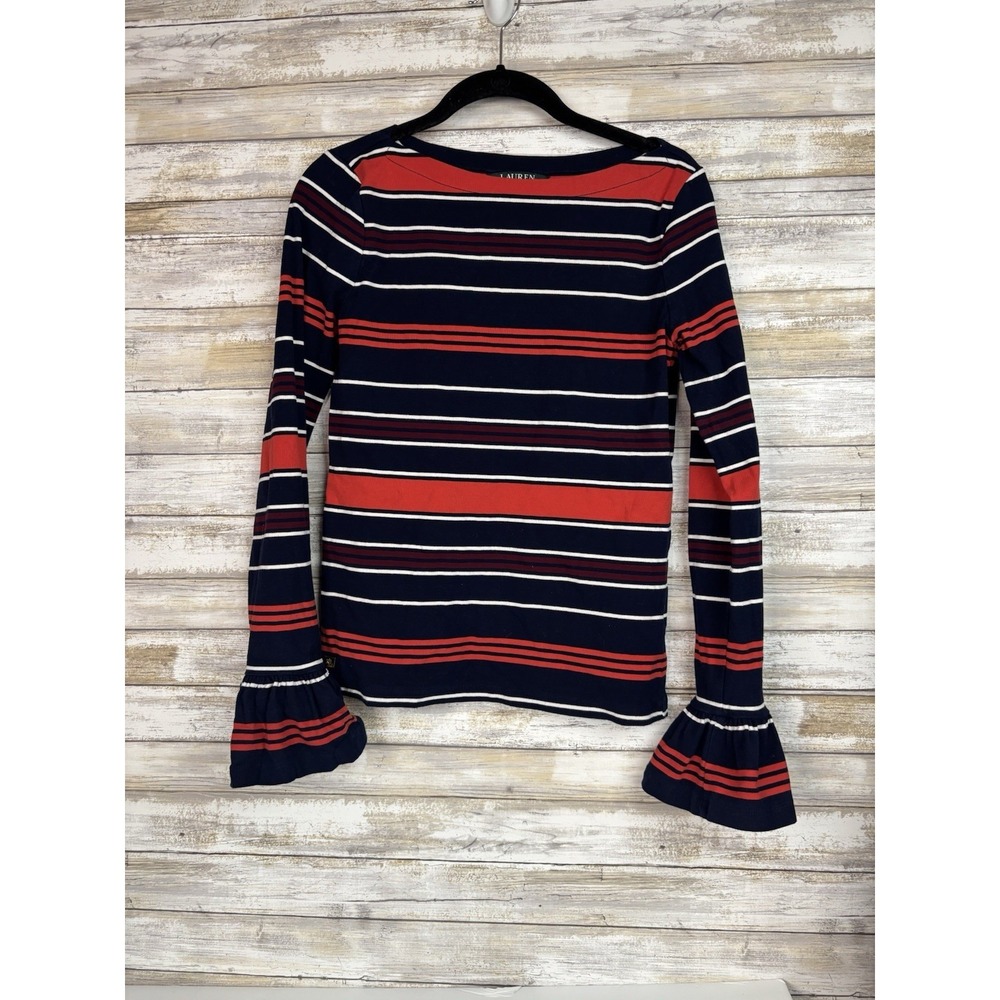 Ralph Lauren Women's Striped Long Sleeve Bell Sleeve Boat Neck Knit Top Sz M